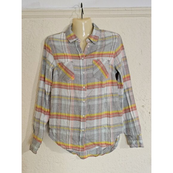 Merona Women's Size XS Blue Orange Yellow Plaid Flannel Shirts Pockets New - Picture 2 of 12